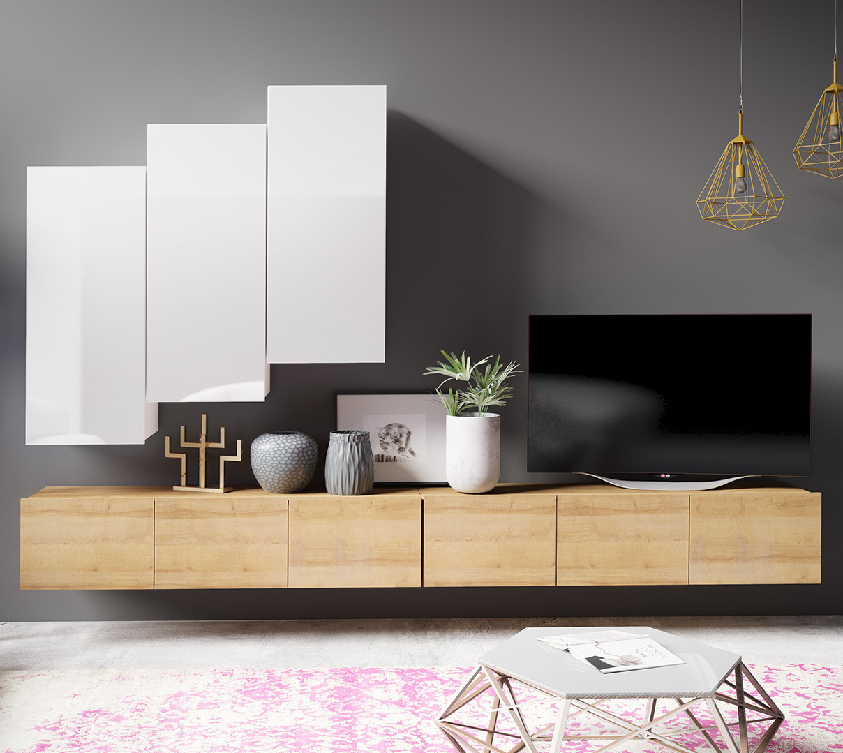Obývací stěna CALABRIA 14 bílá / dub zlatý